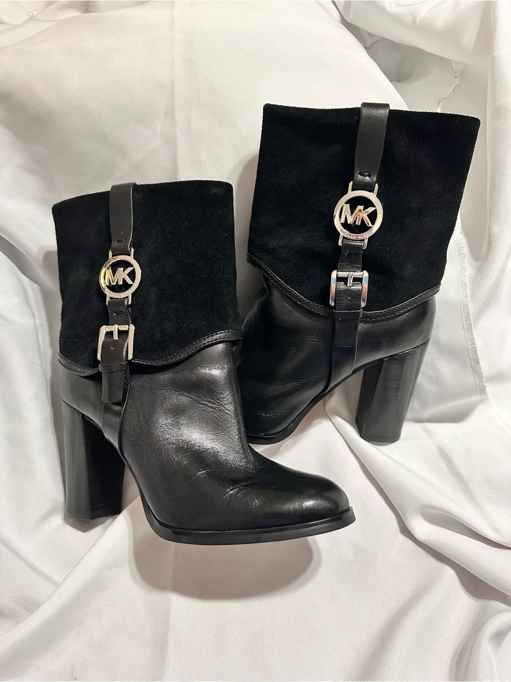 Michael Kors Black Leather & Suede Block Heel Ankle Boots with white MK Accent